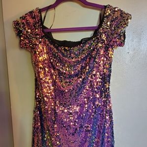Purple sequin off the shoulder dress